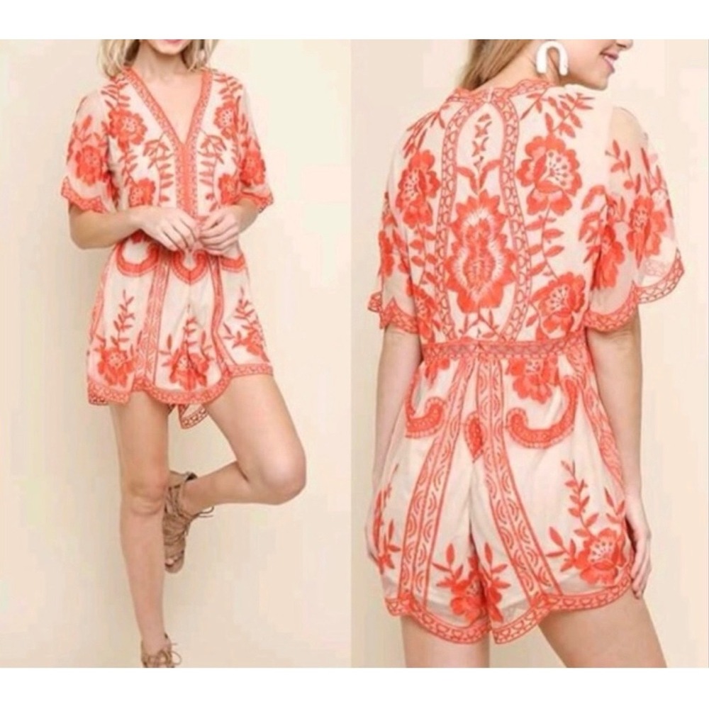 Umgee Romper Women's Sz Medium Orange Tan Floral Embroidered Boho Festival Lined